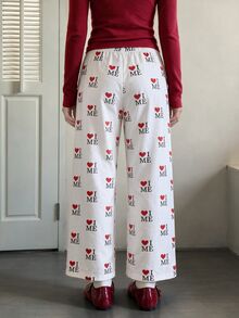 K-Vae 女士字母与心形印花抽绳腰直筒宽松休闲裤 - 白色 - 查看 2
