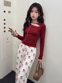 K-Vae 女士字母与心形印花抽绳腰直筒宽松休闲裤 - 白色 - 查看 5