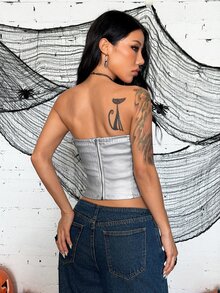 Jeanoix Atasan Tube Top Model Hot Girl Fashion Y2K, Lapisan PU Imitasi, Gesper, Pin, Sangat Pendek - Perak - View 2