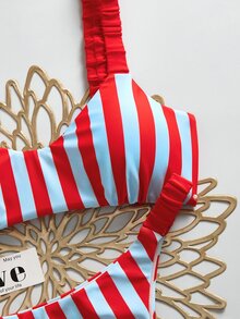 SHEIN Swim Setelan Bikini Dua Potong Seksi Bergaris untuk Pantai Musim Panas Wanita - MultiWarna - View 4