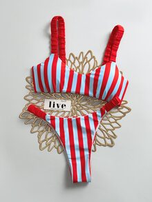SHEIN Swim Setelan Bikini Dua Potong Seksi Bergaris untuk Pantai Musim Panas Wanita - MultiWarna - View 3