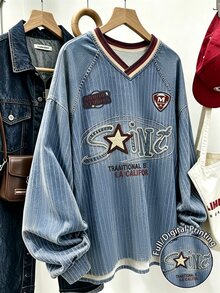 Resyla American Vintage Street Distressed V-Neck Sweatshirt, College Style, Letter Print, Autumn And Winter Style, Currently Popular, Fashionable Sweatshirt - Multicolor - View 1