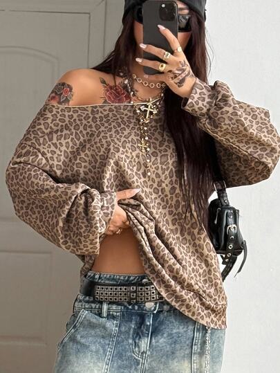 Coolane Dames plus size herfst winter streetwear casual elegant uitgaan formeel Y2K asymmetrische schouder lange mouwen luipaardprint zwart warm sweatshirt