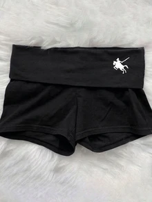 SHEIN 青少年女孩植物印花摺腰針織超短褲休閒返校穿搭 - 黑色 - 查看 5