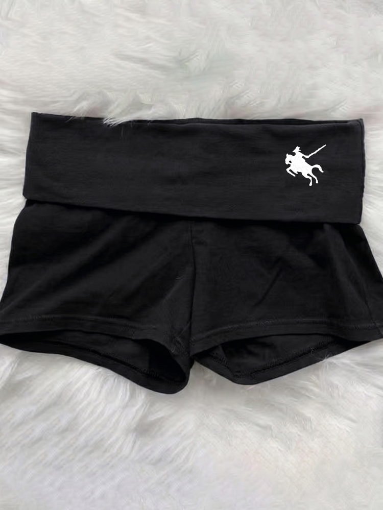 SHEIN Teen Girls Casual All-Match Versatile Daily Folded Waist Print Super Short Knitted Shorts, Summer, Outfit - Black - View 4