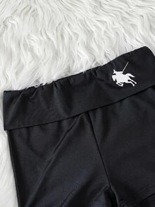 SHEIN 青少年女孩植物印花摺腰針織超短褲休閒返校穿搭 - 黑色 - 查看 4
