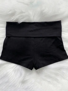 SHEIN 青少年女孩植物印花摺腰針織超短褲休閒返校穿搭 - 黑色 - 查看 3
