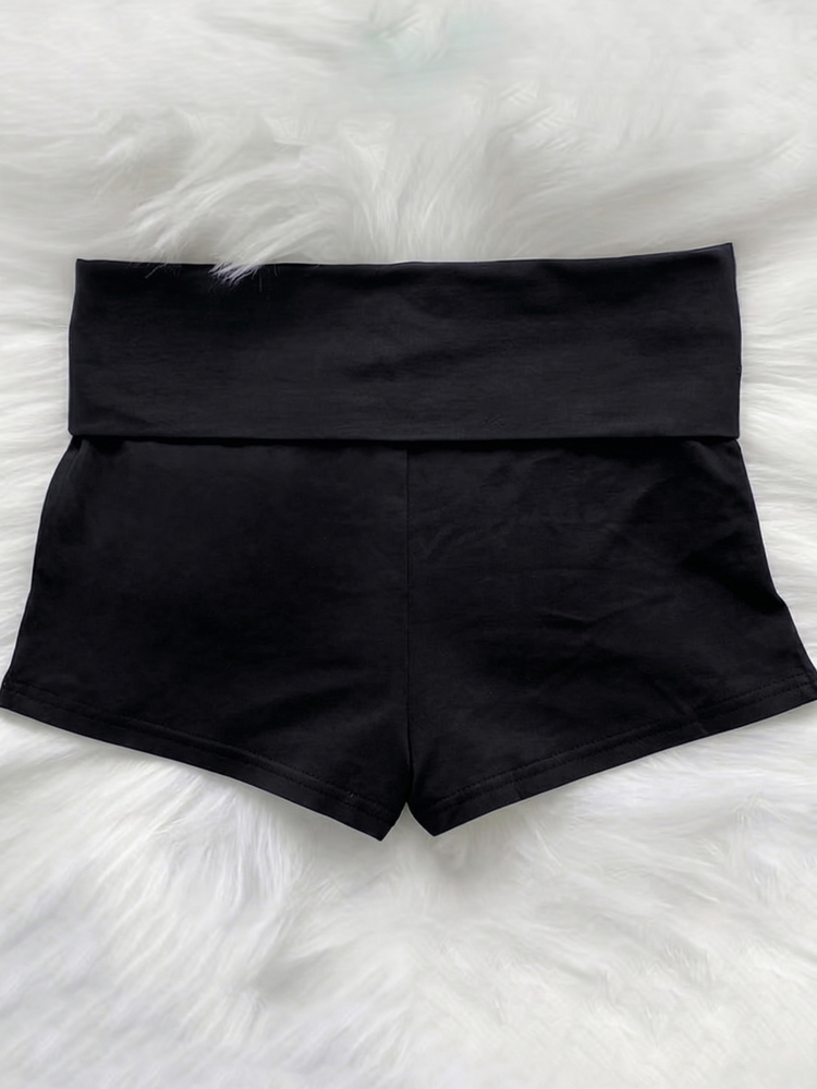 SHEIN Teen Girls Casual All-Match Versatile Daily Folded Waist Print Super Short Knitted Shorts, Summer, Outfit - Black - View 2