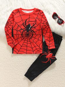 SHEIN 兒童小男孩紅色蜘蛛圖案休閒極簡修身舒適加厚長袖圓領居家褲，適合秋冬 - 紅色 - 查看 5