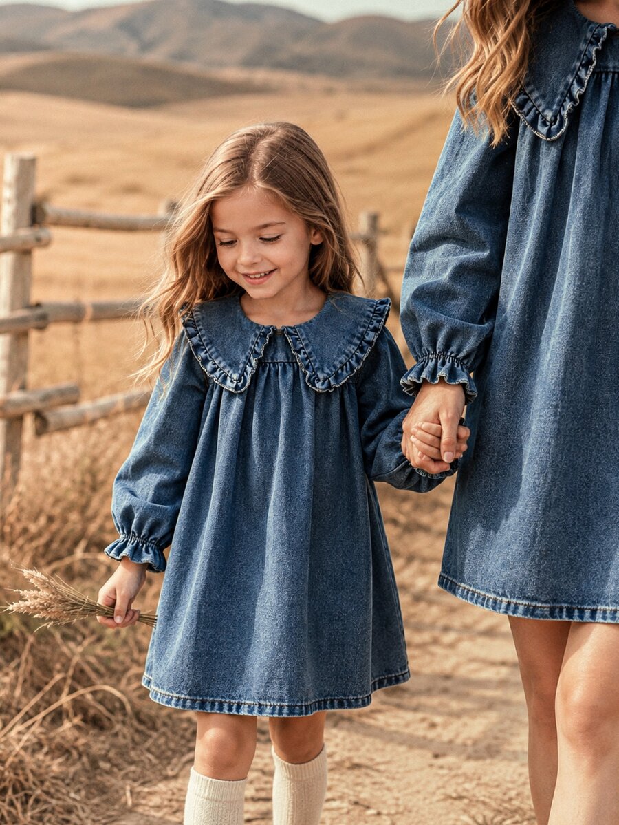 SHEIN Elladie kids 秋季女童牛仔洋裝，大荷葉領、泡泡袖，休閒仙氣牛仔女孩風百搭兒童洋裝，7歲生日小新娘藍色秋季款