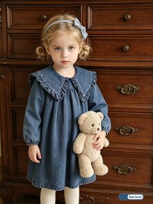 SHEIN Elladie kids 秋季女童牛仔洋裝，大荷葉領、泡泡袖，休閒仙氣牛仔女孩風百搭兒童洋裝，7歲生日小新娘藍色秋季款 - 藍色 - 查看 5