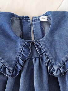 SHEIN Elladie kids 秋季女童牛仔洋裝，大荷葉領、泡泡袖，休閒仙氣牛仔女孩風百搭兒童洋裝，7歲生日小新娘藍色秋季款 - 藍色 - 查看 8