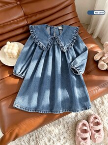 SHEIN Elladie kids 秋季女童牛仔洋裝，大荷葉領、泡泡袖，休閒仙氣牛仔女孩風百搭兒童洋裝，7歲生日小新娘藍色秋季款 - 藍色 - 查看 4
