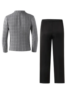 2pcs/Set Teen Boy Gentleman Suit Single Layer All Black Premium Blazer Long Pants, Elegant Formal Wear For Birthday Party Summer Wedding - Grey - View 2
