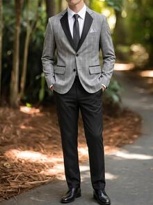 2pcs/Set Teen Boy Gentleman Suit Single Layer All Black Premium Blazer Long Pants, Elegant Formal Wear For Birthday Party Summer Wedding - Grey - View 4