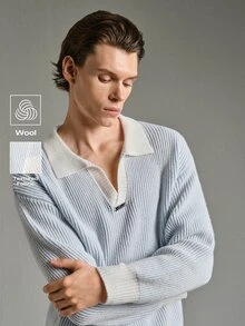 Calmiston Men's Streetwear Colorblock Fashion Ribbed Long Sleeve Sweater Y2k Couple Matching Outfit Fall - Blue and White - View 4