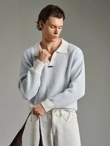Calmiston Men's Streetwear Colorblock Fashion Ribbed Long Sleeve Sweater Y2k Couple Matching Outfit Fall - Blue and White - View 7