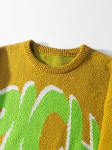 Manfinity Hypemode Men's Letter Print Crew Neck Long Sleeve Loose Casual Streetwear Streetstyle Sweater Back-To-School Vacation Work Green And Yellow Autumn - Mustard Yellow - View 4