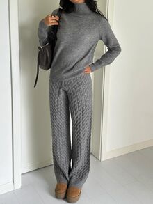 Autumina 女款秋冬慵懶休閒時尚百搭高領毛衣 2 件套 灰色，適合日常通勤、居家、旅行、派對拍照 - 灰色 - 查看 4