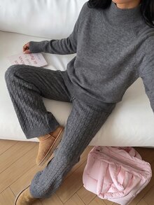 Autumina 女款秋冬慵懶休閒時尚百搭高領毛衣 2 件套 灰色，適合日常通勤、居家、旅行、派對拍照 - 灰色 - 查看 1