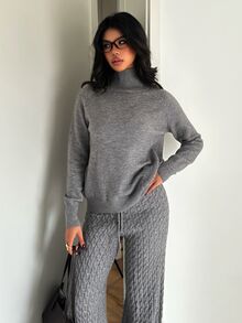 Autumina 女款秋冬慵懶休閒時尚百搭高領毛衣 2 件套 灰色，適合日常通勤、居家、旅行、派對拍照 - 灰色 - 查看 5