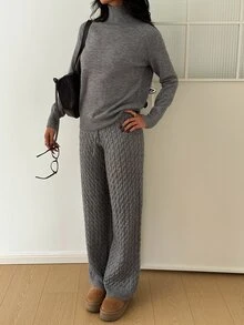 Autumina 女款秋冬慵懶休閒時尚百搭高領毛衣 2 件套 灰色，適合日常通勤、居家、旅行、派對拍照 - 灰色 - 查看 7