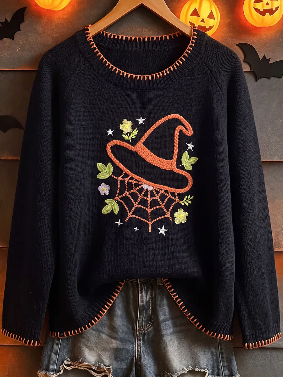 SHEIN LUNE Halloween Limited Edition . Floral Pumpkin Embroidered Plus Size Pullover Sweater Autumn Formal Wedding Black Casual Whimsical - Black - View 1