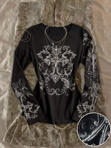 Attitoon Casual Street Style 95% Black Pure Cotton Scroll Pattern Positioned Print With Real Rhinestone Cross Positioned Pattern Women's Long Sleeve T-Shirt Suitable For Autumn/Winter Y2K - Black - View 3