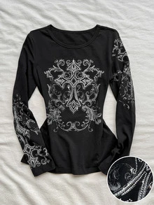 Attitoon Casual Street Style 95% Black Pure Cotton Scroll Pattern Positioned Print With Real Rhinestone Cross Positioned Pattern Women's Long Sleeve T-Shirt Suitable For Autumn/Winter Y2K - Black - View 1