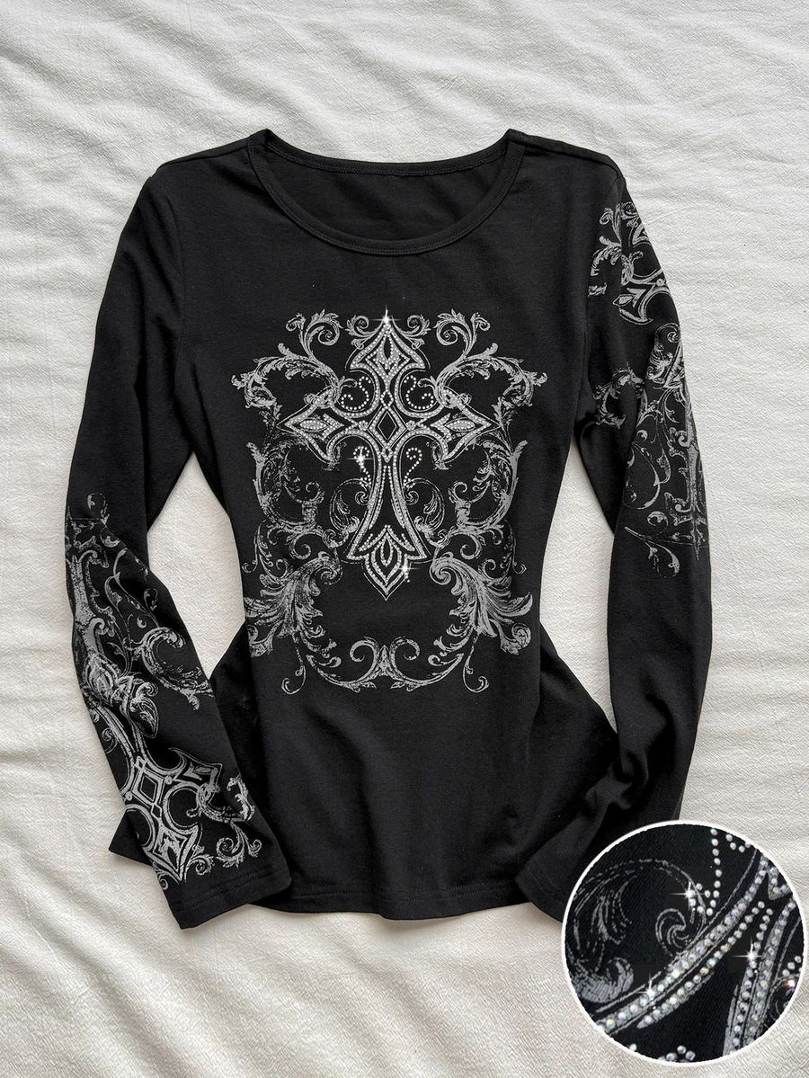 Attitoon Casual Street Style 95% Black Pure Cotton Scroll Pattern Positioned Print With Real Rhinestone Cross Positioned Pattern Women's Long Sleeve T-Shirt Suitable For Autumn/Winter Y2K - Black - View 1