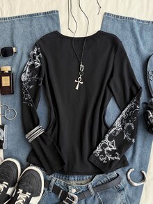 Attitoon Casual Street Style 95% Black Pure Cotton Scroll Pattern Positioned Print With Real Rhinestone Cross Positioned Pattern Women's Long Sleeve T-Shirt Suitable For Autumn/Winter Y2K - Black - View 8