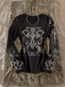 Attitoon Casual Street Style 95% Black Pure Cotton Scroll Pattern Positioned Print With Real Rhinestone Cross Positioned Pattern Women's Long Sleeve T-Shirt Suitable For Autumn/Winter Y2K - Black - View 4