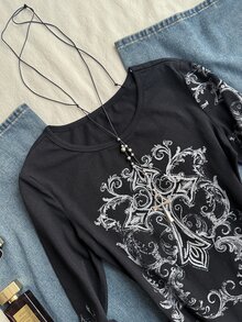Attitoon Casual Street Style 95% Black Pure Cotton Scroll Pattern Positioned Print With Real Rhinestone Cross Positioned Pattern Women's Long Sleeve T-Shirt Suitable For Autumn/Winter Y2K - Black - View 6