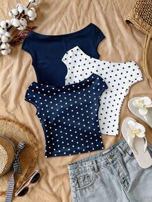Sparklyn Set 3 Potong Kaos Off-Shoulder Pas Badan Multi-Warna untuk Anak Perempuan Remaja, Musim Panas, Kasual, Pakaian, Nyaman, Sehari-hari, Minimalis - Navy Blue - View 2