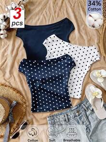 Sparklyn Set 3 Potong Kaos Off-Shoulder Pas Badan Multi-Warna untuk Anak Perempuan Remaja, Musim Panas, Kasual, Pakaian, Nyaman, Sehari-hari, Minimalis - Navy Blue - View 1