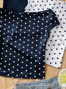 Sparklyn Set 3 Potong Kaos Off-Shoulder Pas Badan Multi-Warna untuk Anak Perempuan Remaja, Musim Panas, Kasual, Pakaian, Nyaman, Sehari-hari, Minimalis - Navy Blue - View 5