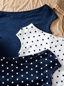 Sparklyn Set 3 Potong Kaos Off-Shoulder Pas Badan Multi-Warna untuk Anak Perempuan Remaja, Musim Panas, Kasual, Pakaian, Nyaman, Sehari-hari, Minimalis - Navy Blue - View 4