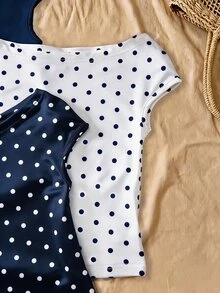 Sparklyn Set 3 Potong Kaos Off-Shoulder Pas Badan Multi-Warna untuk Anak Perempuan Remaja, Musim Panas, Kasual, Pakaian, Nyaman, Sehari-hari, Minimalis - Navy Blue - View 6