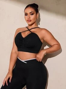 SHEIN Rhythm Era Women's Plus Size Solid Color Ruched Casual Daily Sports Bra - Black - View 4