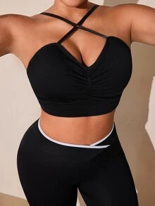 SHEIN Rhythm Era Women's Plus Size Solid Color Ruched Casual Daily Sports Bra - Black - View 6
