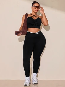 SHEIN Rhythm Era Women's Plus Size Solid Color Ruched Casual Daily Sports Bra - Black - View 7