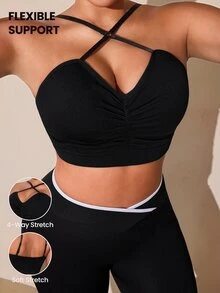 SHEIN Rhythm Era Women's Plus Size Solid Color Ruched Casual Daily Sports Bra - Black - View 8