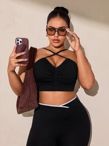 SHEIN Rhythm Era Women's Plus Size Solid Color Ruched Casual Daily Sports Bra - Black - View 3