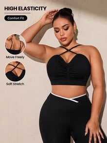 SHEIN Rhythm Era Women's Plus Size Solid Color Ruched Casual Daily Sports Bra - Black - View 1