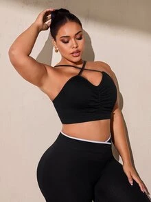 SHEIN Rhythm Era Women's Plus Size Solid Color Ruched Casual Daily Sports Bra - Black - View 5