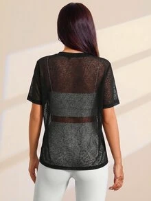 SHEIN Rhythm Era 大码女式透明纯色圆领短袖运动T恤，夏季 - 黑色 - 查看 2