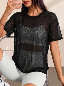 SHEIN Rhythm Era 大码女式透明纯色圆领短袖运动T恤，夏季 - 黑色 - 查看 4