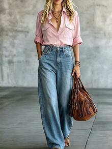 SHEIN Solid Light Pink Collared Long Sleeve Utility Shirt For Women, Double Chest Pocket Design, Loose Drop Shoulder Fit, Single-Breasted Button-Down Blouse, Versatile For Commuting And Casual Wear, Loose Long Sleeve Cardigan - Pink - View 5