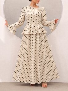 Graceveil Polka Dot Print Ruffle Hem Bell Sleeve Cinched Waist Top & Full Skirt Plus Size Women's Set - Apricot - View 2