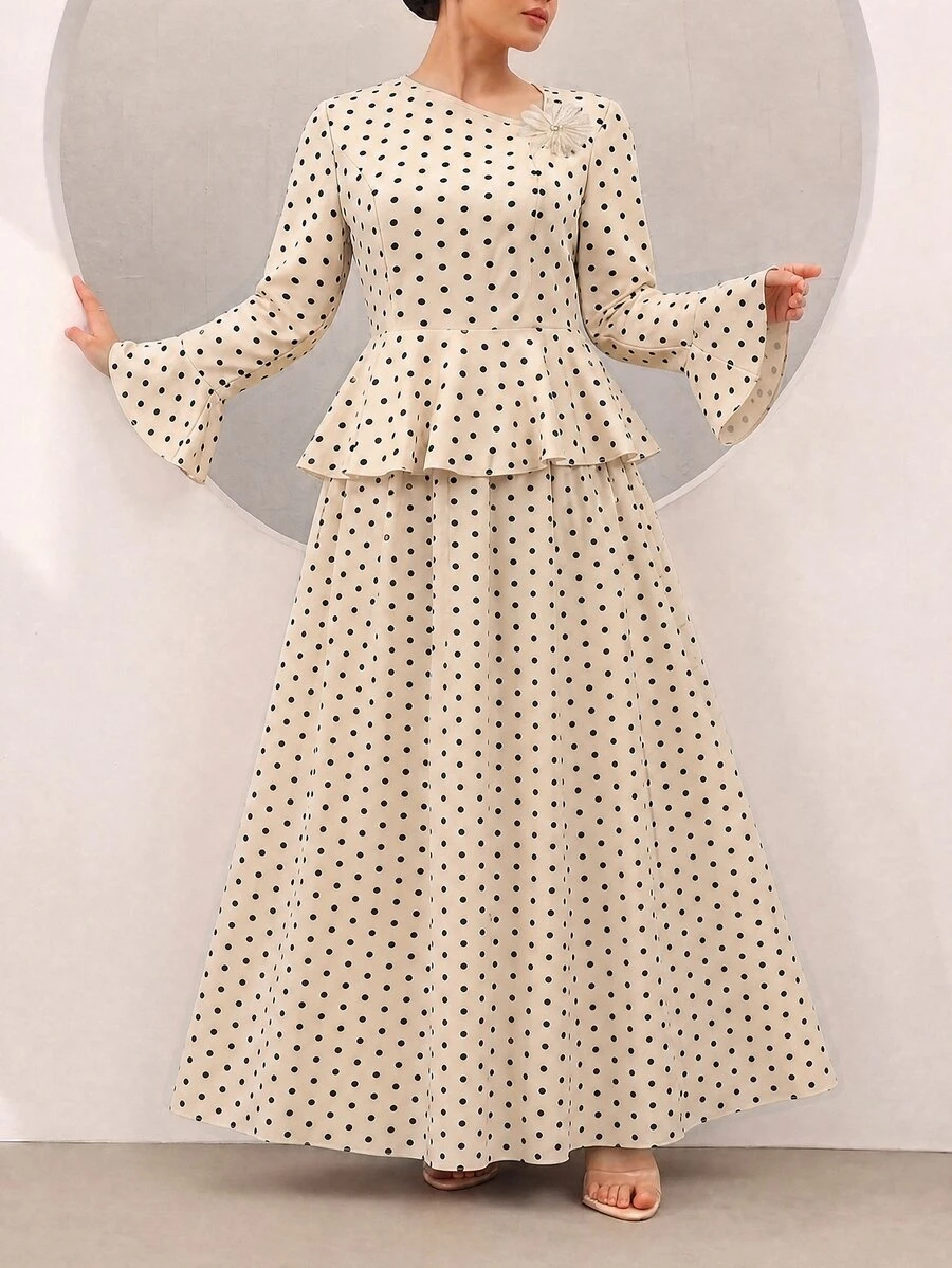 Graceveil Polka Dot Print Ruffle Hem Bell Sleeve Cinched Waist Top & Full Skirt Plus Size Women's Set